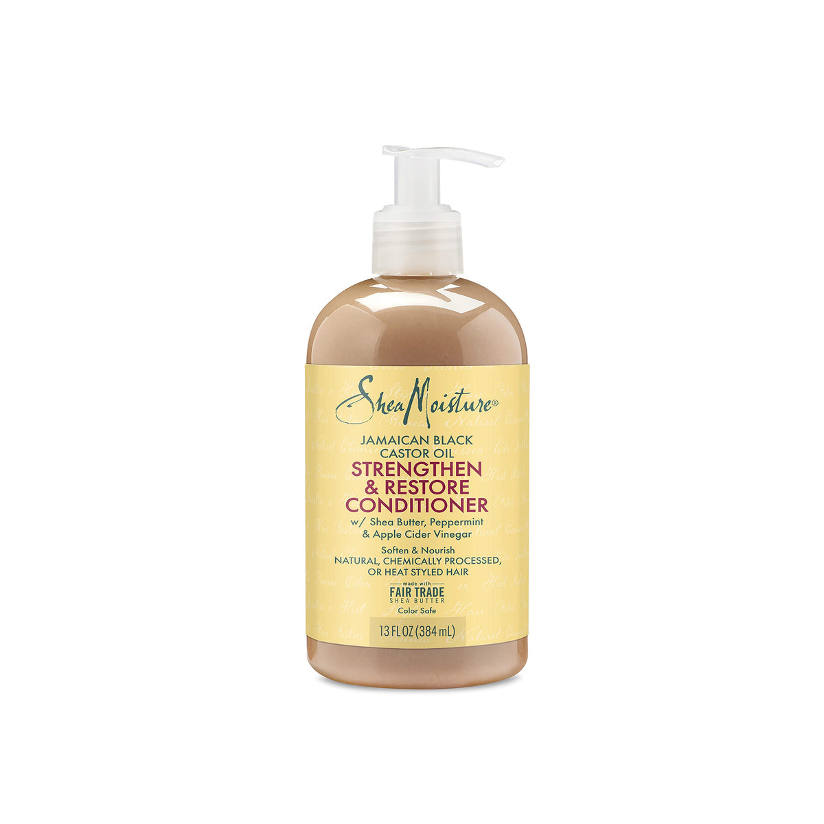 Clear bottle with white pump containing Shea Moisture Jamaican Black Castor Oil Strengthen & Restore Conditioner (384 ml). The label is beige/yellow with black and red text.
