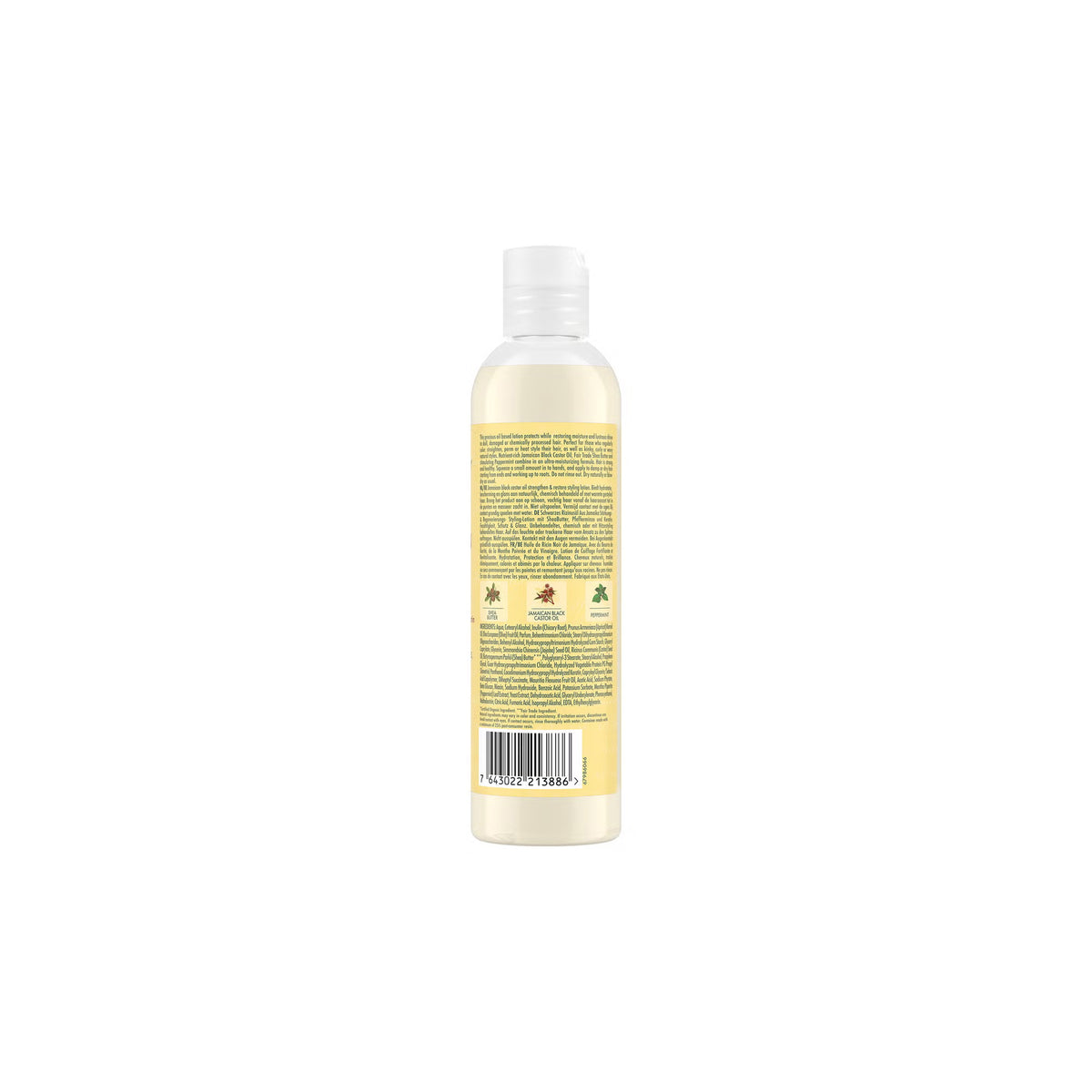 Back of Shea Moisture Jamaican Black Castor Oil Styling Lotion (236ml) with ingredient list and directions for use.