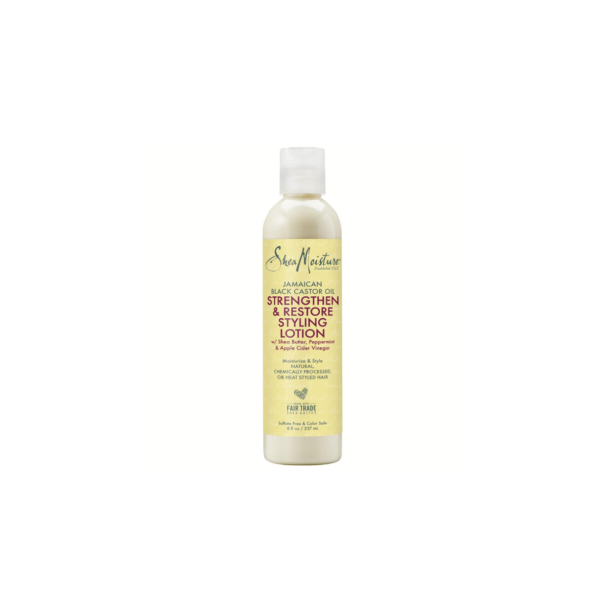 White bottle with white cap containing Shea Moisture Jamaican Black Castor Oil Strengthen & Restore Styling Lotion. The label is beige/yellow with black and red text.