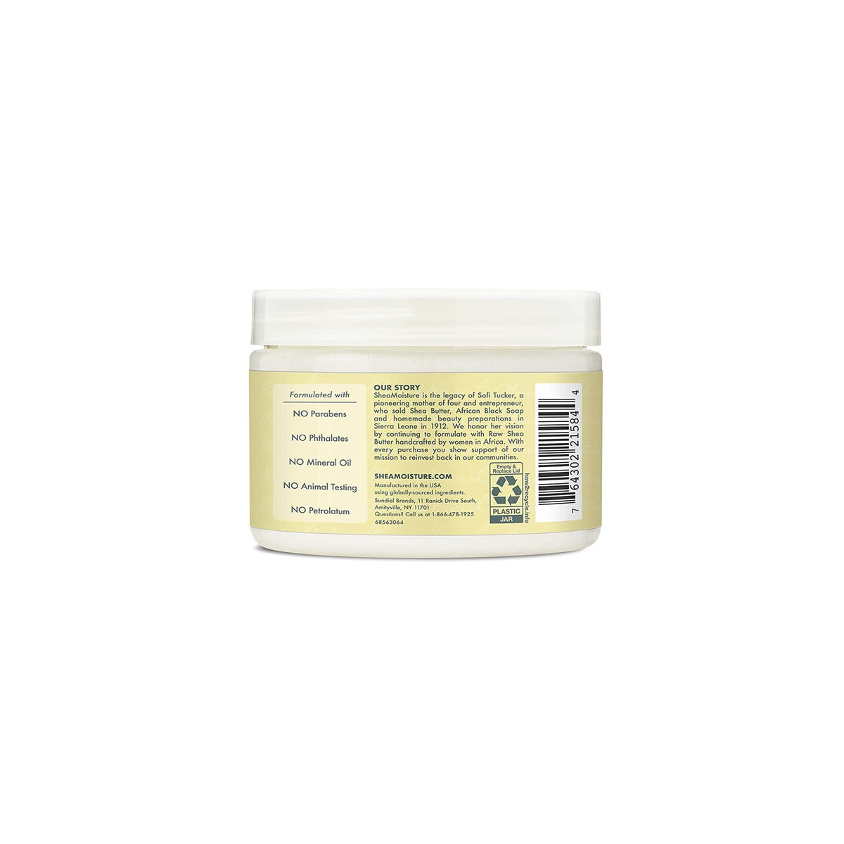 Close-up of the back of the Shea Moisture leave-in conditioner showing "Our Story" and information about the absence of certain ingredients.