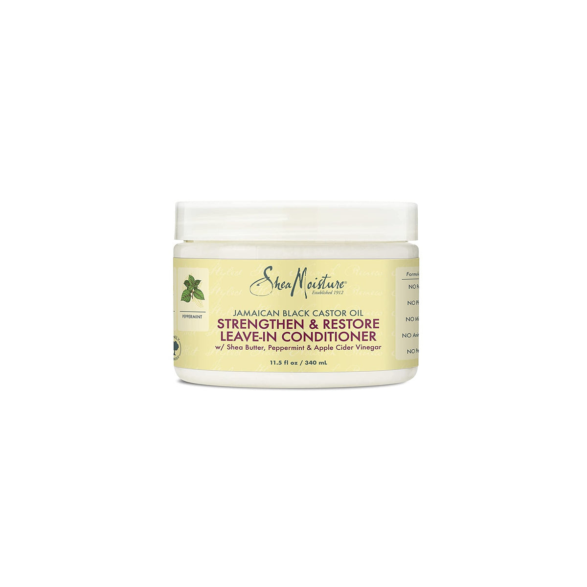 White plastic container with white lid containing Shea Moisture Jamaican Black Castor Oil Strengthen & Restore Leave-In Conditioner. The label is yellow with black and red text.