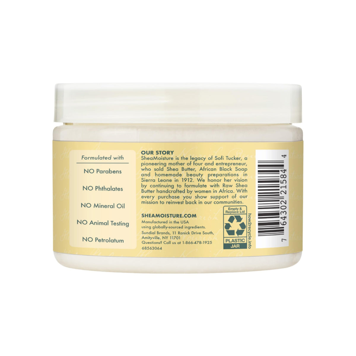The back of the Shea Moisture Jamaican Black Castor Oil Leave-In Conditioner jar with brand history and ingredient information.