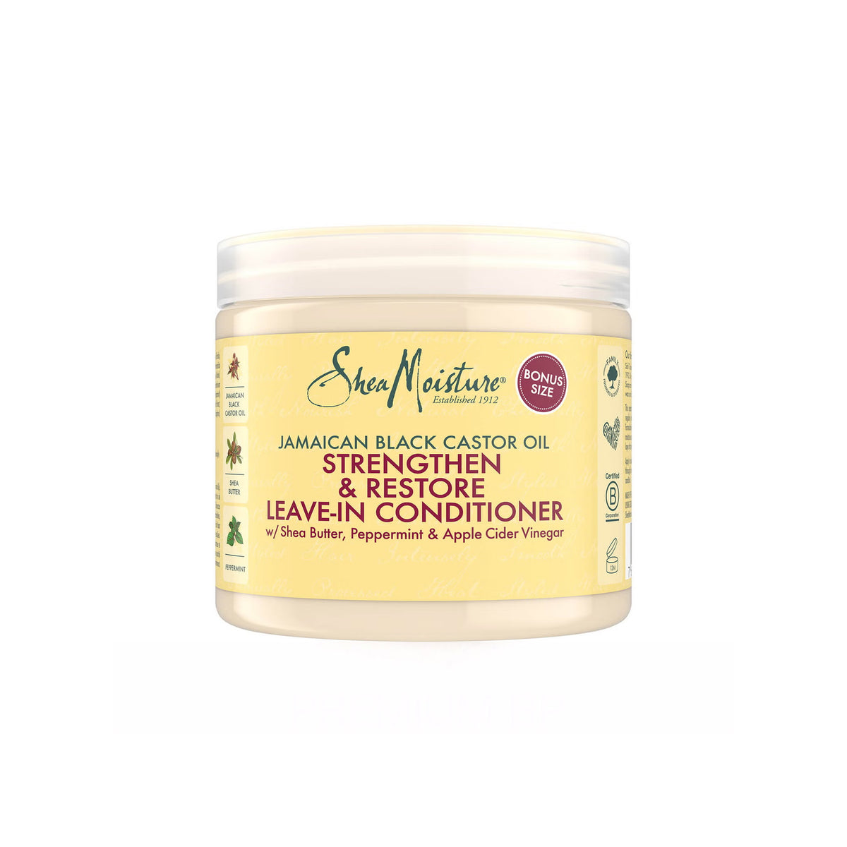 White plastic can with white lid containing Shea Moisture Jamaican Black Castor Oil Strengthen & Restore Leave-In Conditioner. The label is yellow with black and red text. A "BONUS SIZE" marking is visible.