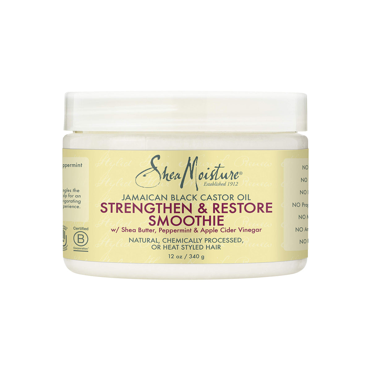 White plastic can with white lid containing Shea Moisture Jamaican Black Castor Oil Strengthen & Restore Smoothie. The label is yellow with black and red text.