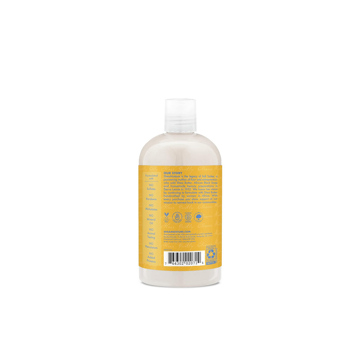 Close-up of the back of Shea Moisture shampoo showing details of the product's composition, usage and brand background.