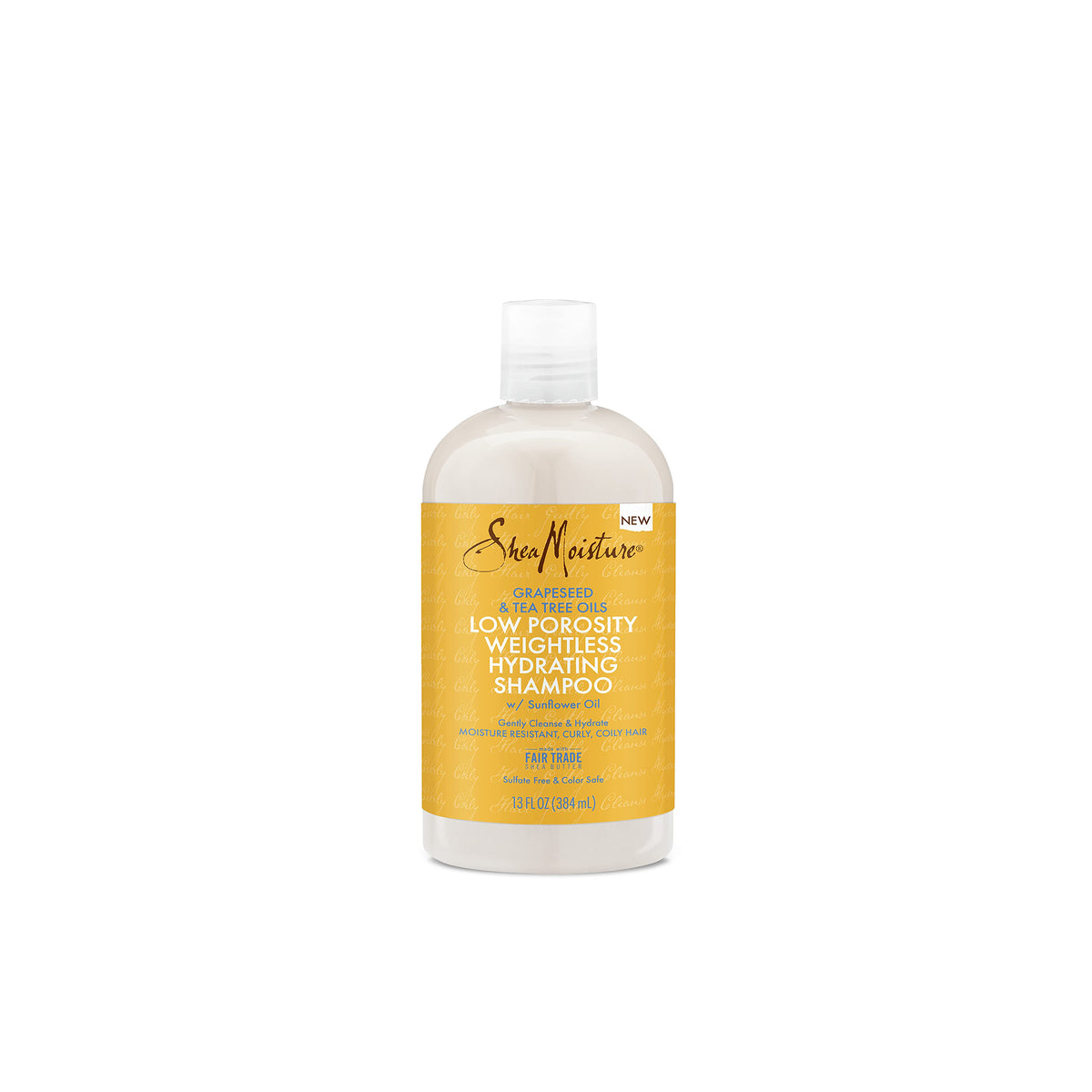 White bottle with white cap containing Shea Moisture Grapeseed & Tea Tree Oils Low Porosity Weightless Hydrating Shampoo. The label is yellow with black and white text.