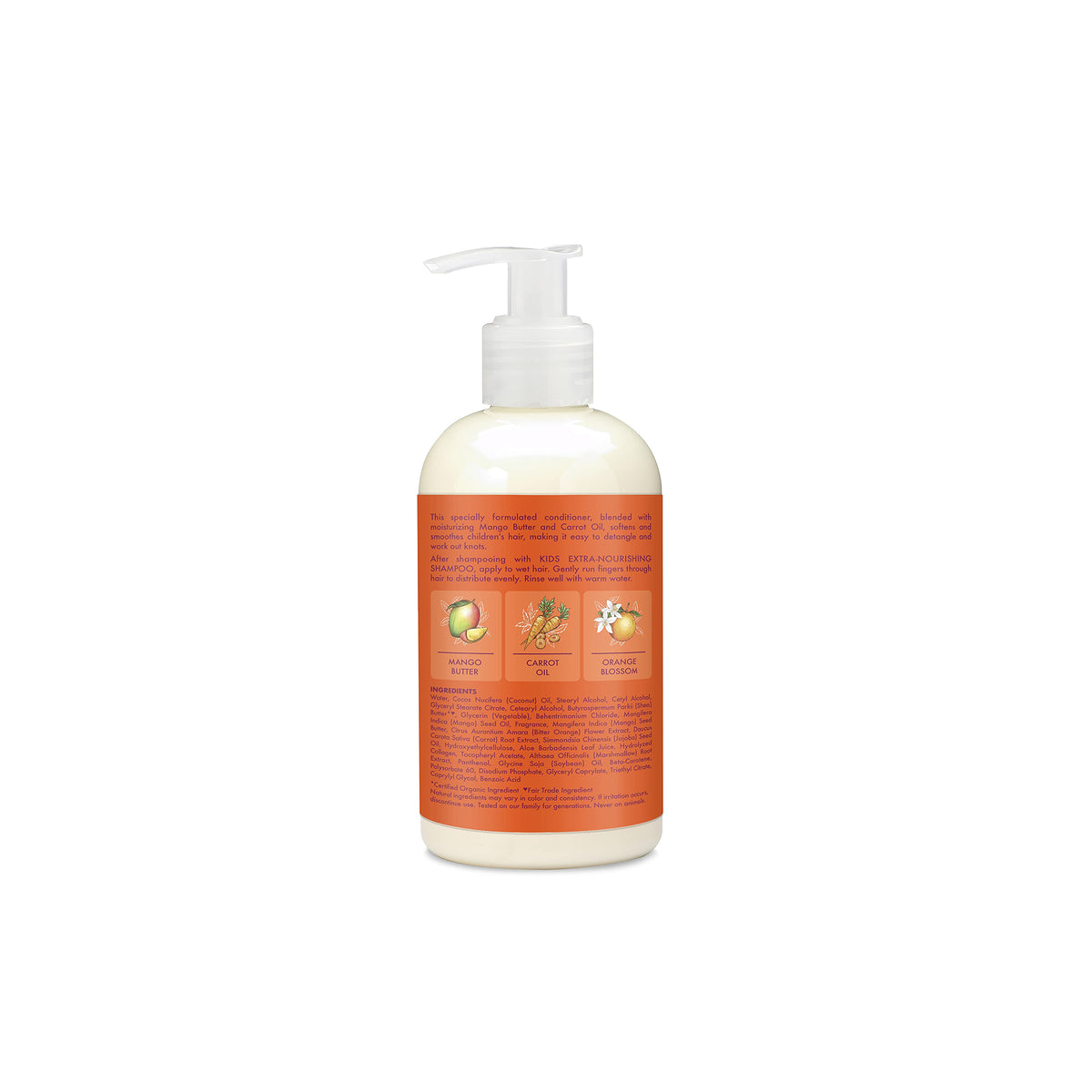The back of the Shea Moisture Kids conditioner with details of the product's benefits for children's hair, as well as the ingredient list and instructions for use.