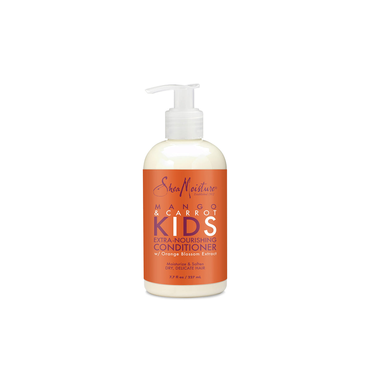 White bottle with orange label with the text "Shea Moisture Mango & Carrot Kids Extra Nourishing Conditioner".
