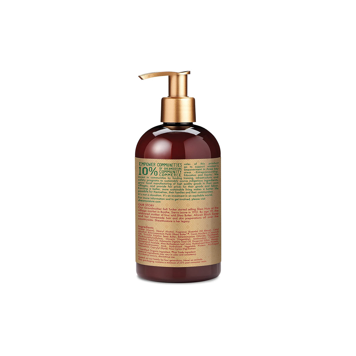 Shea Moisture Manuka Honey & Mafura Oil Intensive Hydration Conditioner (384 ml). The back describes the brand's commitment to the local communities through Community Commerce.

