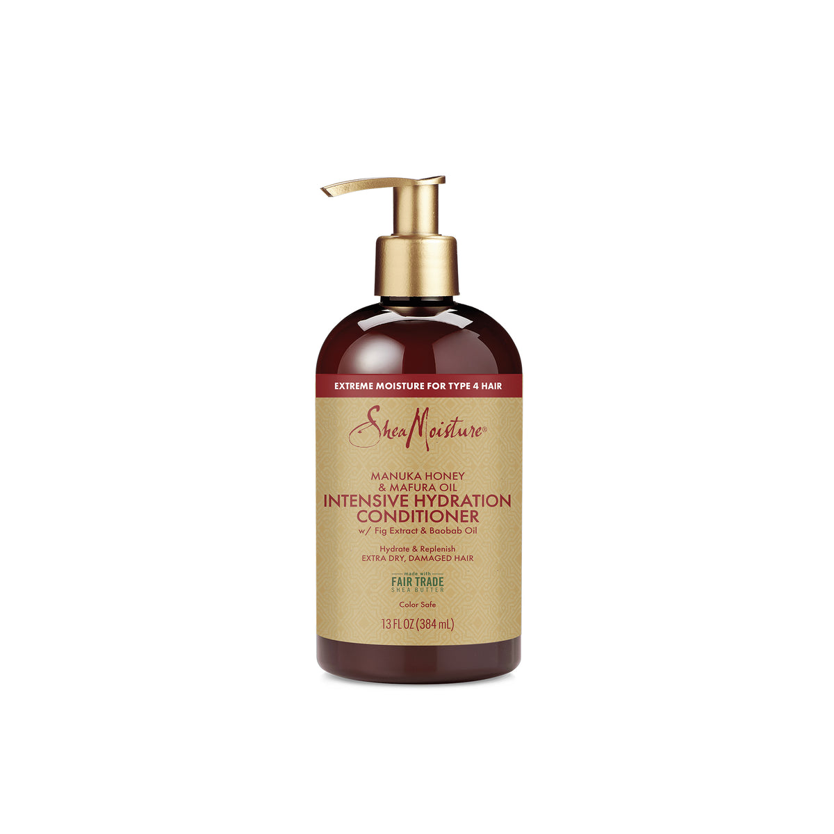 Bottle of Shea Moisture Manuka Honey & Mafura Oil Intensive Hydration Conditioner (384 ml). Suitable for extra dry and damaged hair.