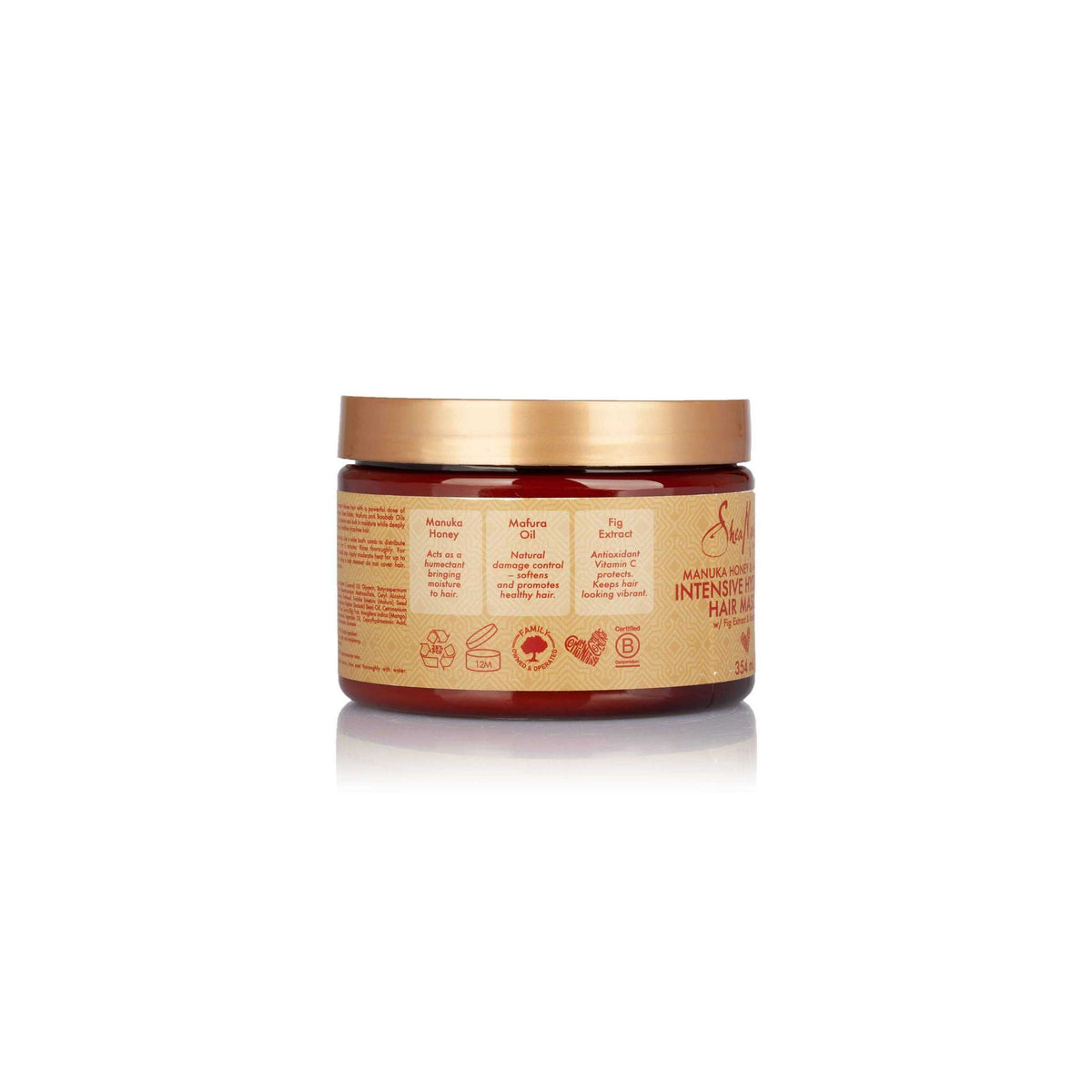 Back of Shea Moisture Hair Mask (354ml) with information about manuka honey, mafura oil and fig extract that contribute to moisture, damage control and softness for healthy hair.