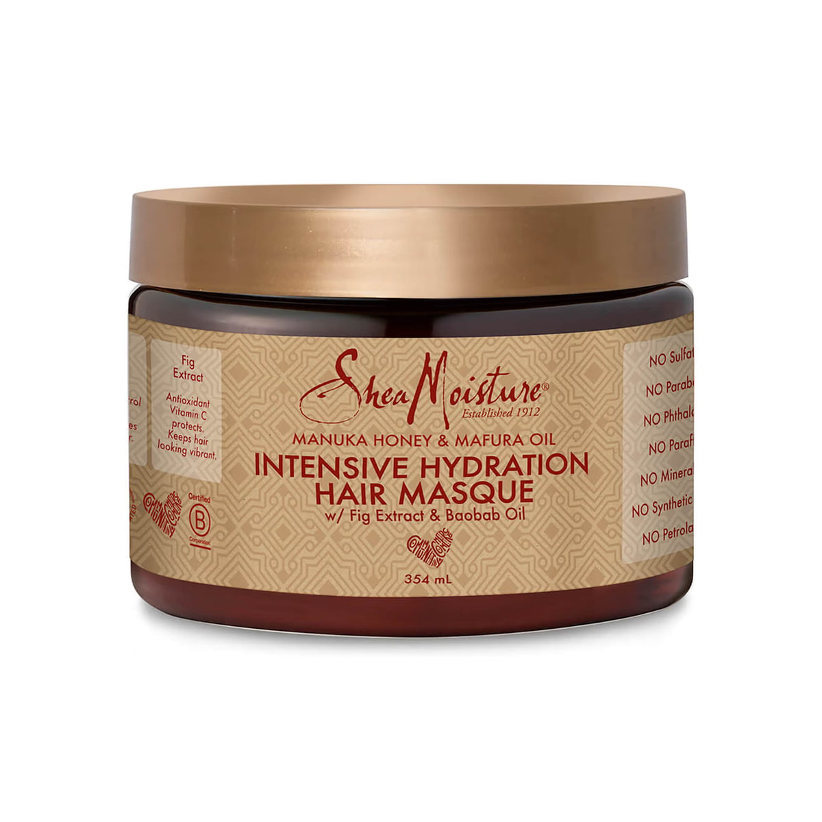 Plastic can with Shea Moisture Manuka Honey & Mafura Oil Intensive Hydration Hair Masque (354 ml). A deeply moisturizing hair mask.