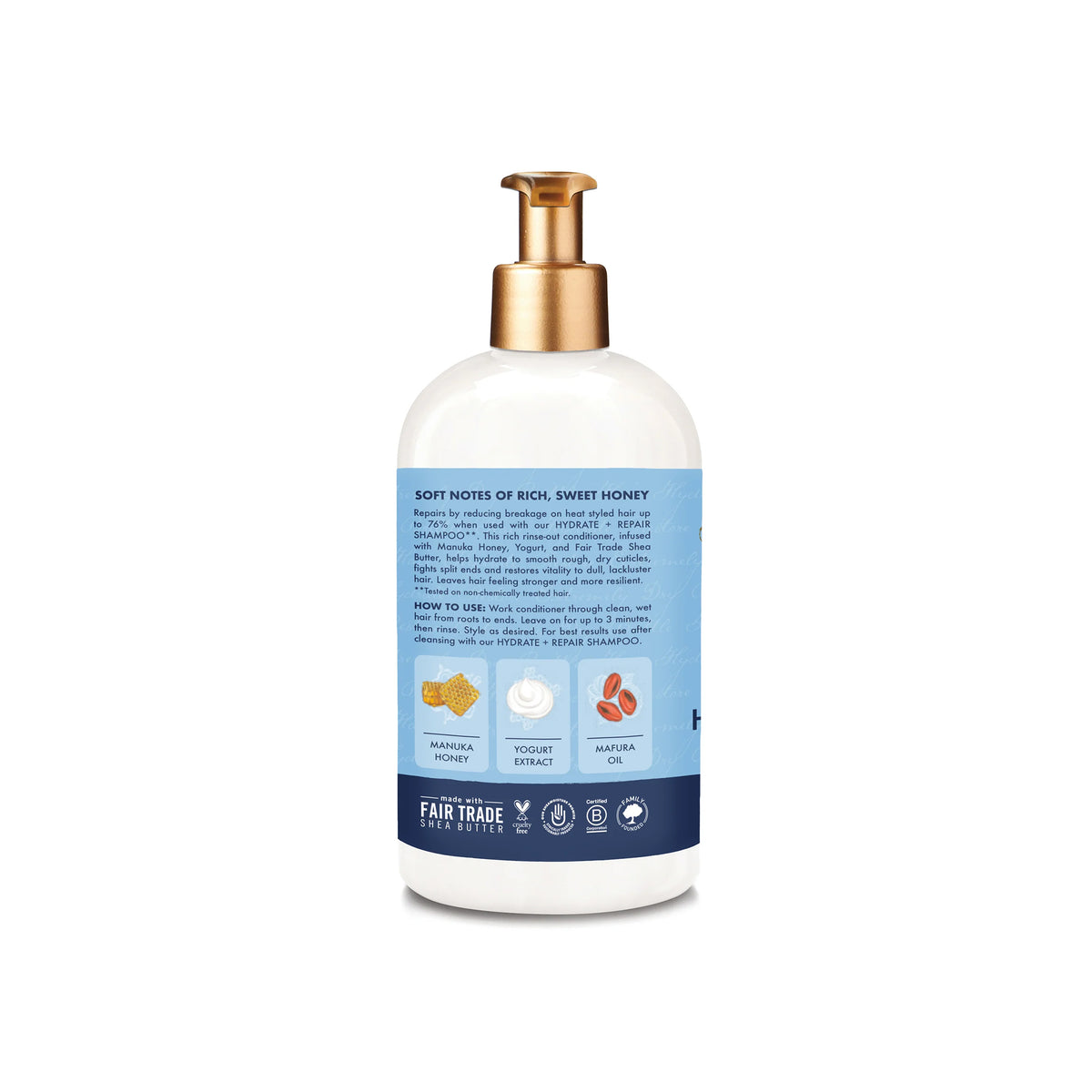 Back of Shea Moisture Manuka Honey & Yogurt Conditioner bottle (384ml) with instructions for use.