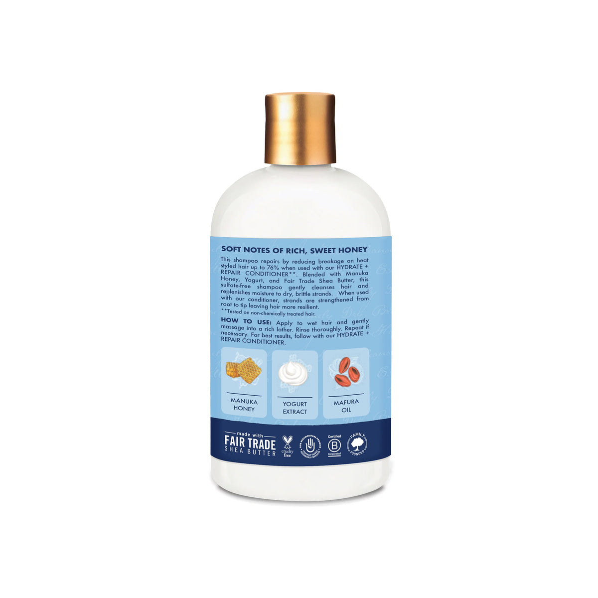 Back of Shea Moisture Manuka Honey & Yogurt Hydrate + Repair Shampoo (384 ml). Description of benefits (reduces breakage), ingredients (Manuka Honey, Yoghurt, Mafura Oil) and instructions for use.