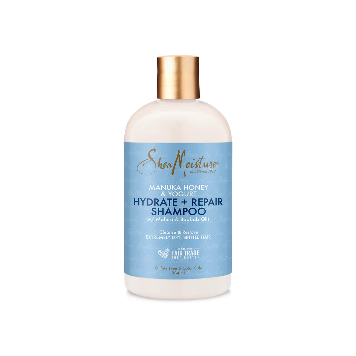 Bottle of Shea Moisture Manuka Honey & Yogurt Hydrate + Repair Shampoo (384 ml). Sulfate-free and color protective.
