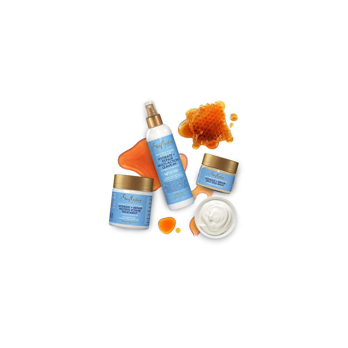 Shea Moisture Manuka Honey & Yogurt Hair Care Series. The image shows the Hydrate + Repair Multi-Action Leave-In (237 ml), the Hydrate + Repair Protein Power Treatment and the Honey & Yogurt range with gingerbread and yogurt.