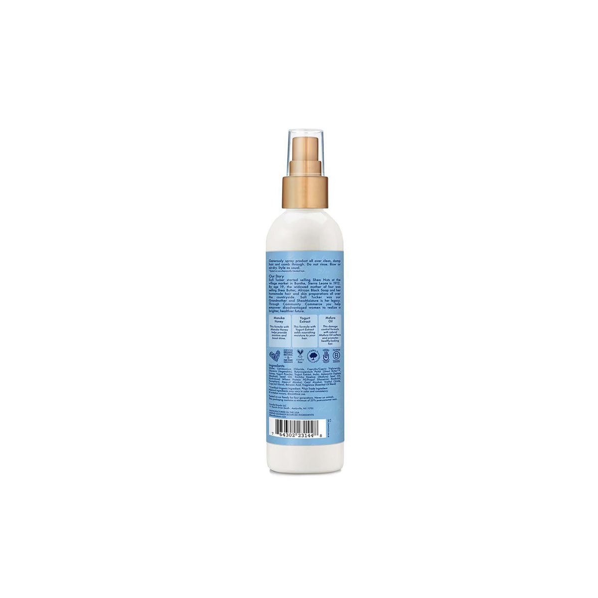 Shea Moisture Manuka Honey & Yogurt Hydrate + Repair Multi-Action Leave-In (237 ml) - Back. The image shows the back of the spray bottle with ingredient list, instructions for use and additional product information, including a focus on Fair Trade ingredients.