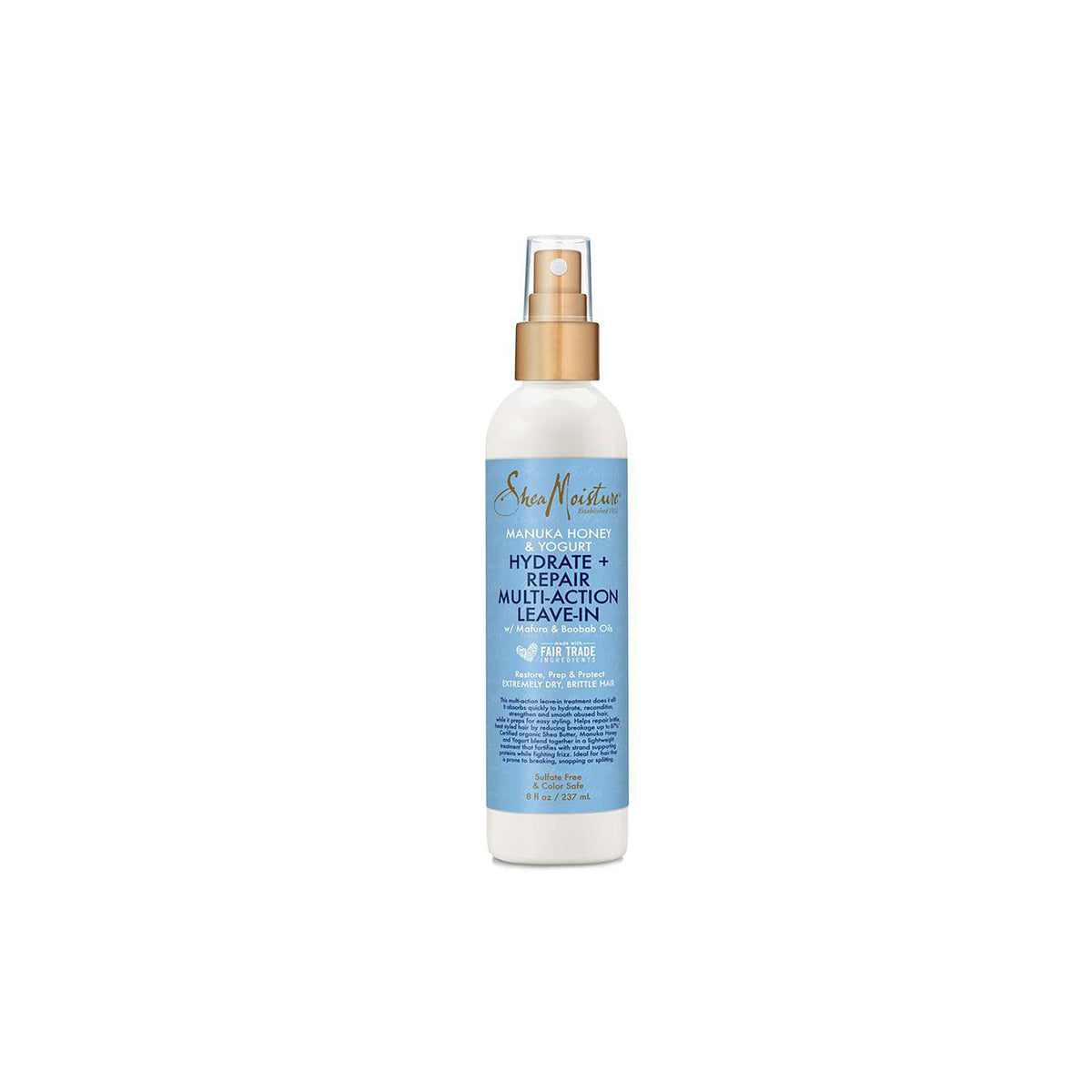 Shea Moisture Manuka Honey & Yogurt Hydrate + Repair Multi-Action Leave-In (237 ml). A leave-in conditioner with manuka honey and yogurt that moisturizes, repairs and cares for extremely dry and fragile hair. Contains Fair Trade ingredients.