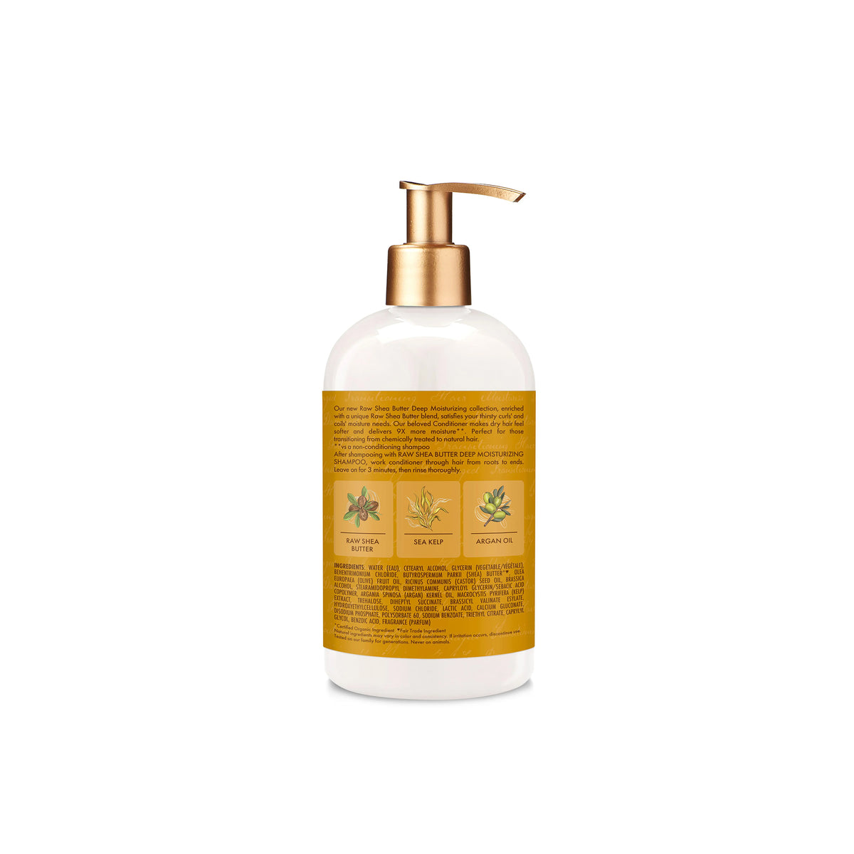 Shea Moisture Raw Shea Butter Deep Moisturizing Conditioner (384 ml) - Back. The image shows the back of the bottle with a description of the product range, instructions for use and ingredient list highlighting shea butter, seaweed and argan oil.
