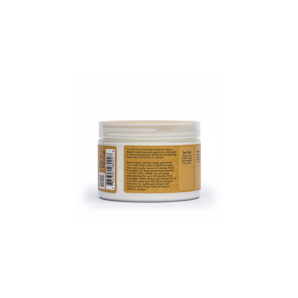Shea Moisture Raw Shea Butter Deep Moisturizing Masque (326g) - Back. The picture shows the back of the jar with the list of ingredients and instructions for use, including information about deep heat treatment.