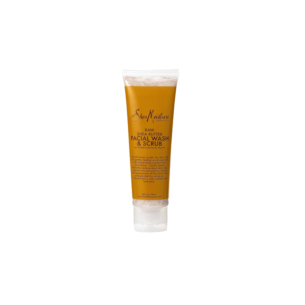 Shea Moisture Raw Shea Butter Hydrating Facial Wash & Scrub (113g). A moisturizing face wash and scrub with shea butter, frankincense and myrrh that gently exfoliates and leaves the skin soft and hydrated.