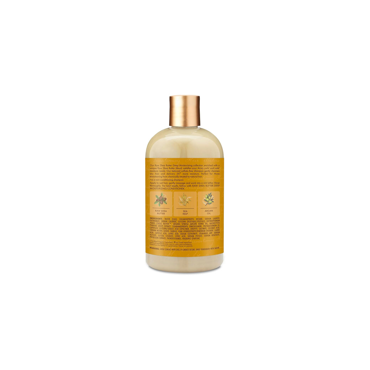 Shea Moisture Raw Shea Butter Deep Moisturizing Shampoo (384 ml) - Back. The picture shows the back of the shampoo bottle with information about ingredients (shea butter, seaweed and argan oil) and instructions for use.