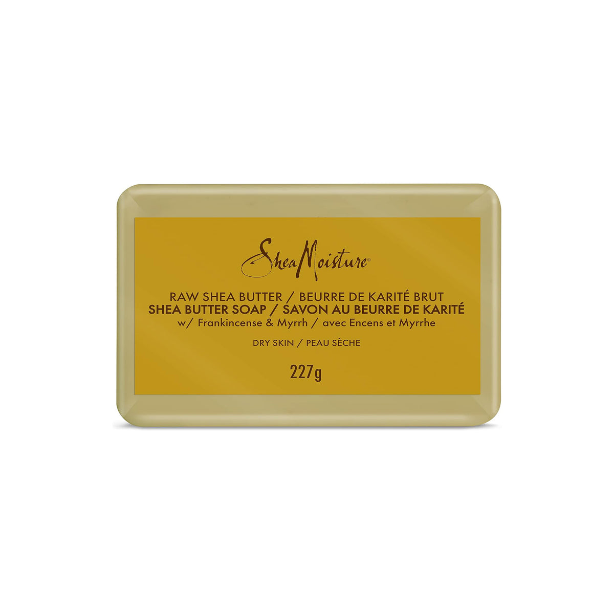 Shea Moisture Raw Shea Butter Soap (227g) - Back. The picture shows the back of the soap with information about ingredients (shea butter, frankincense and myrrh) and that it is suitable for dry skin.