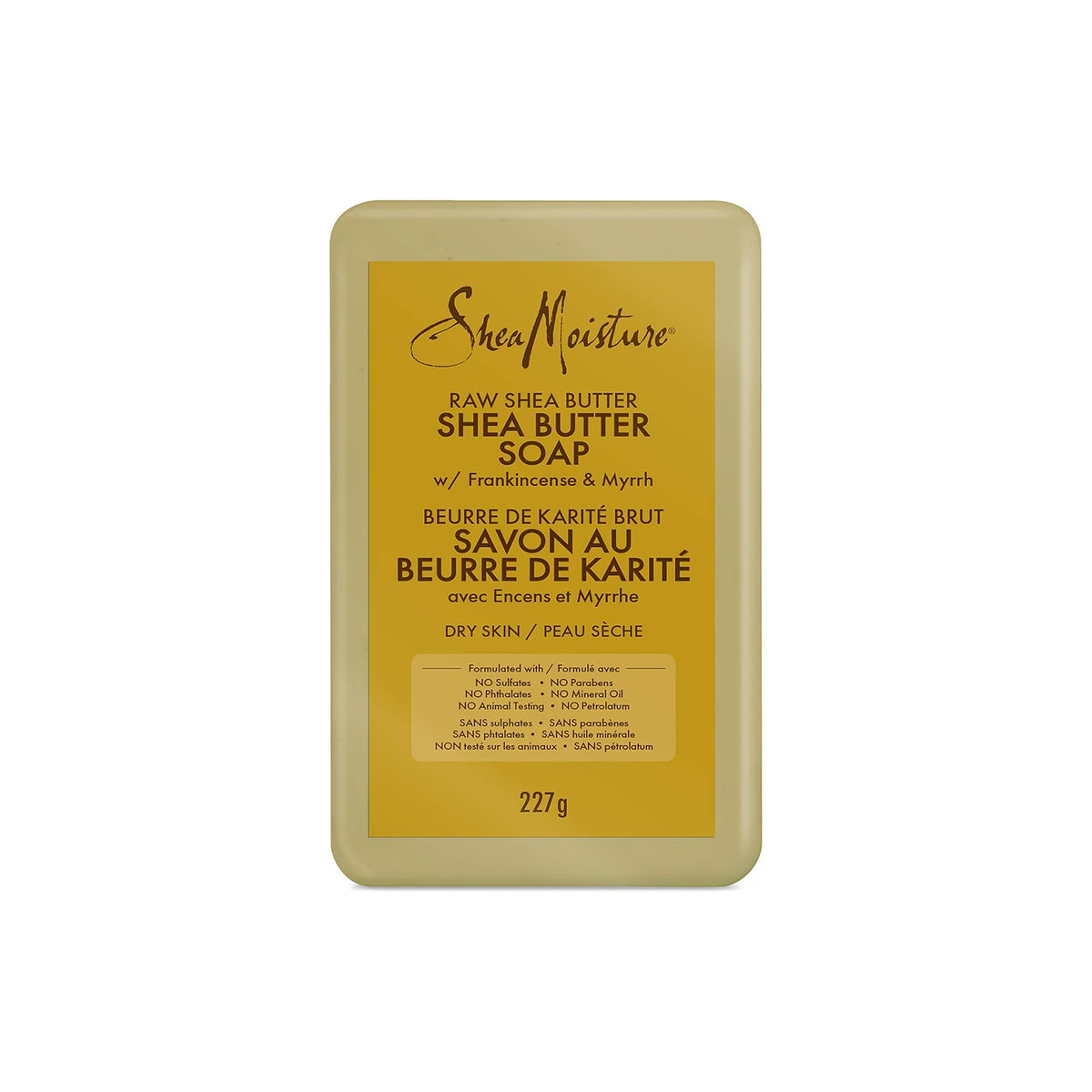 Shea Moisture Raw Shea Butter Soap (227g). A moisturizing soap with shea butter, frankincense and myrrh, suitable for dry skin.