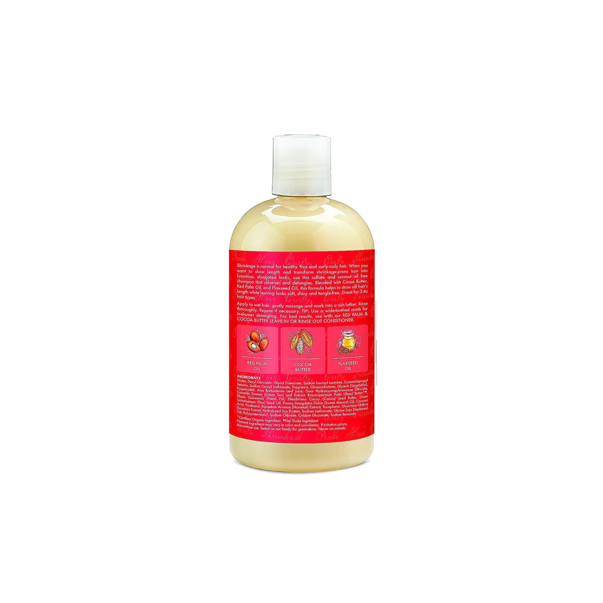 Shea Moisture Red Palm Oil & Cocoa Butter Hi-Slip Detangling Shampoo 399ml (Back). The image shows the back of the bottle with information on ingredients, instructions for use and benefits of this smoothing shampoo for curly and frizzy hair.