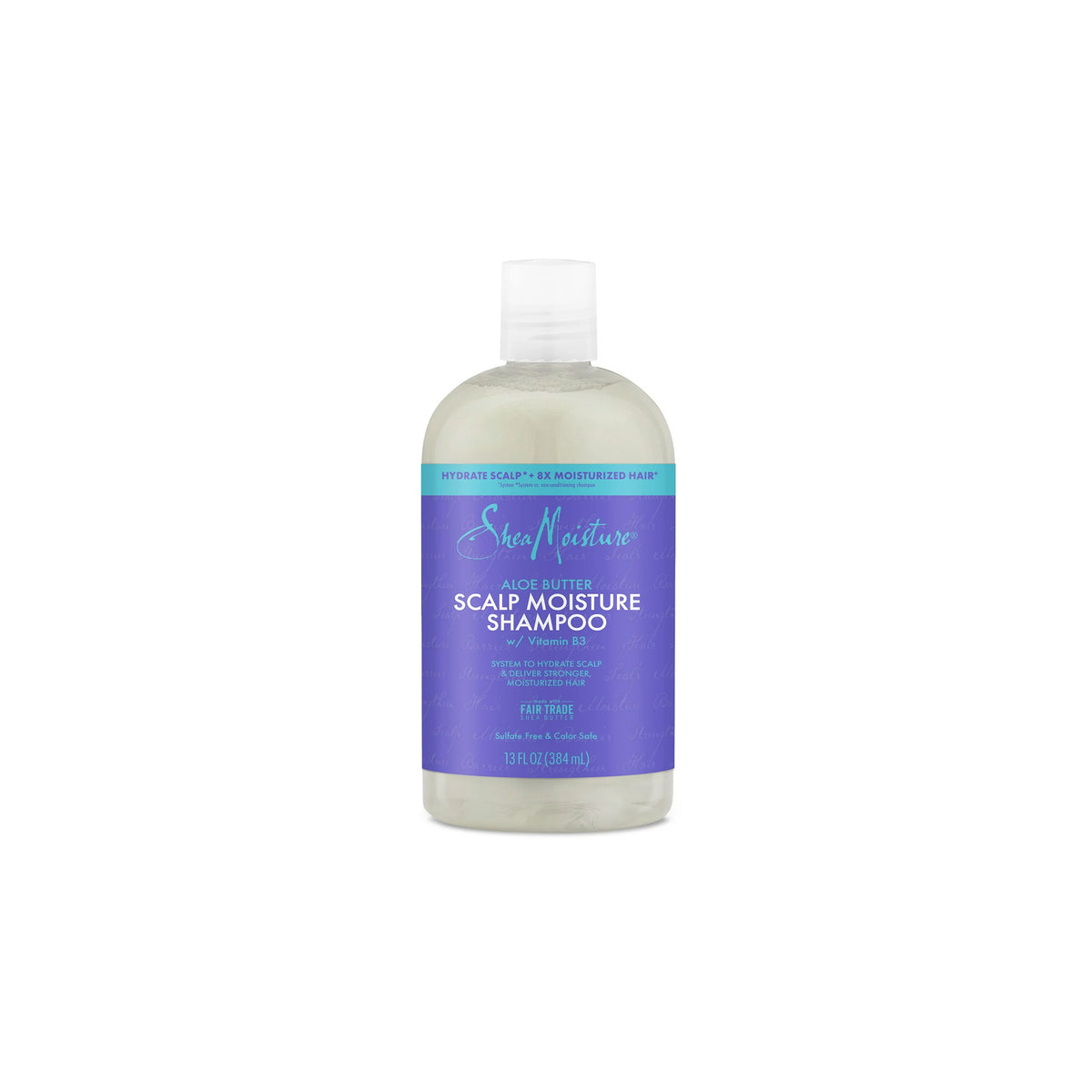 Shea Moisture Aloe Butter Scalp Moisture Shampoo 384 ml in transparent bottle with purple and turquoise label and white cap.