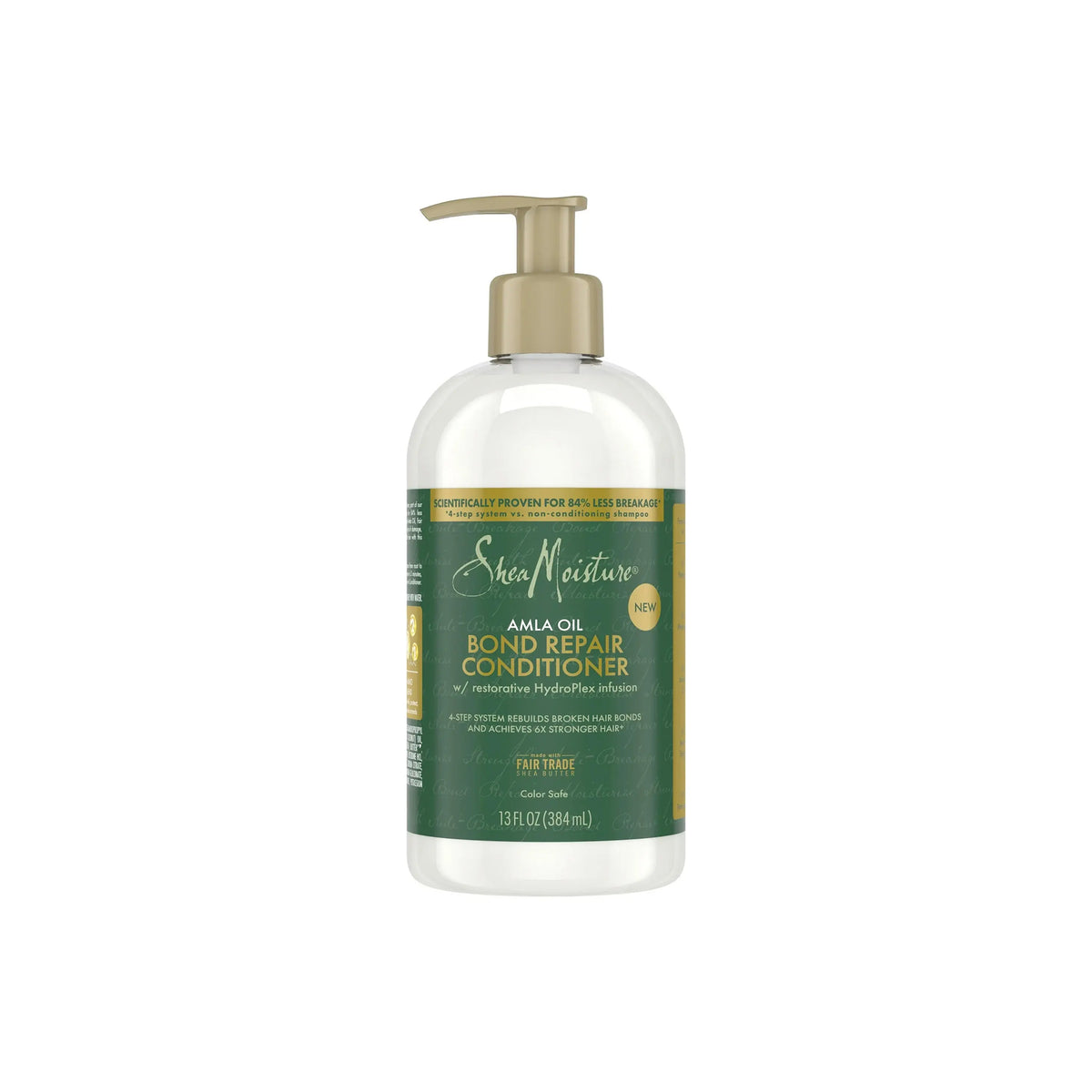 SheaMoisture Amla Bond Repair Conditioner 384ml with pump bottle, green and gold label, stands against white background.