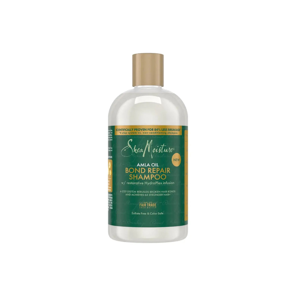 Shea Moisture Amla Bond Repair Shampoo 384 ml in transparent bottle with green and golden label and golden cap.