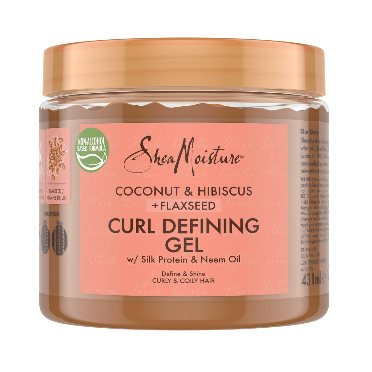 SheaMoisture Coconut & Hibiscus Curl Defining Gel, 431 ml plastic jar with gold lid and salmon colored label.