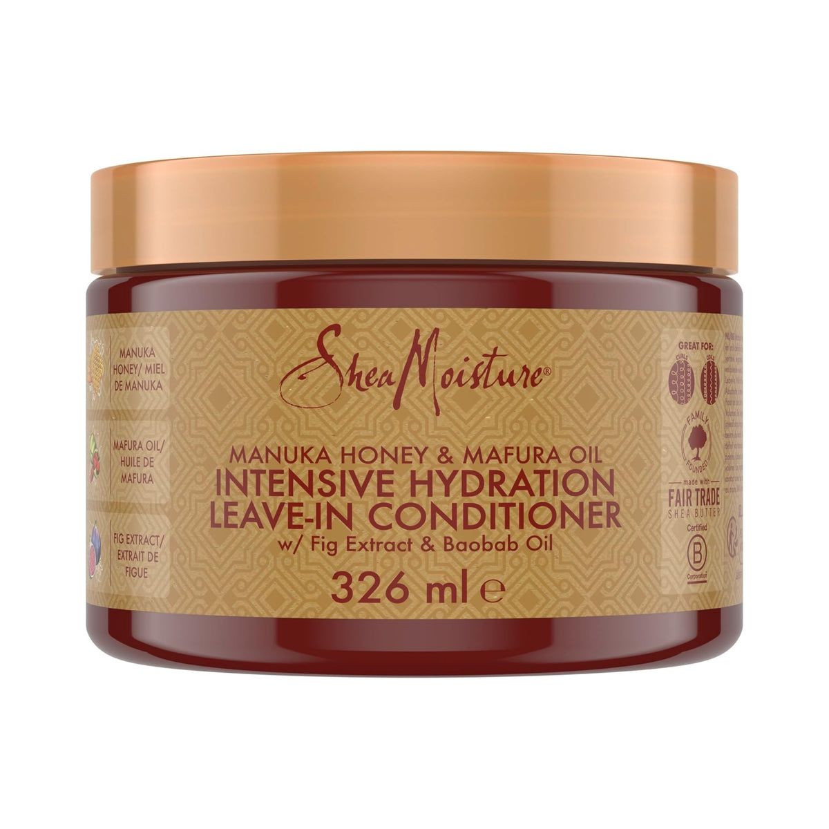 SheaMoisture Manuka Honey & Mafura Oil intensive hydration leave-in conditioner, maroon bank with gold cap, 326 ml.