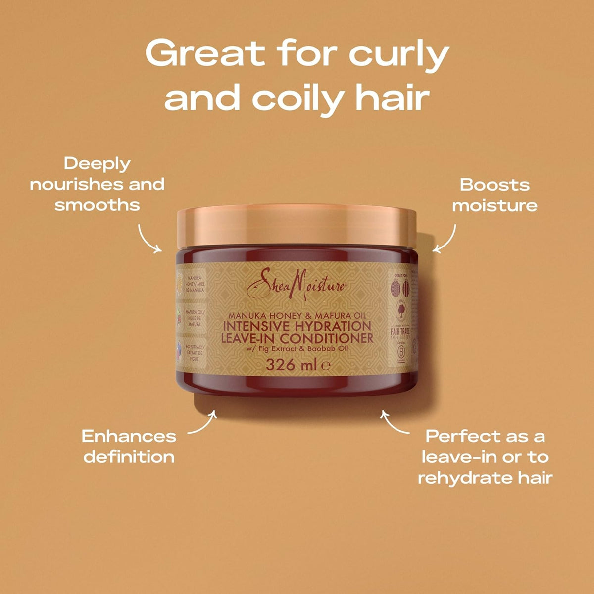 SheaMoisture Manuka Honey & Mafura Oil Intensive Hydration Leave-In Conditioner in maroon jar, ideal for curly and frizzy hair.