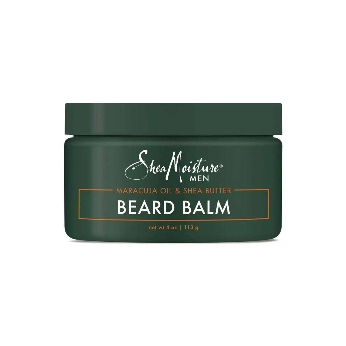 113 gram container of beard balm from Shea Moisture Men. The product is designed to nourish and style the beard and is packaged in a green container.