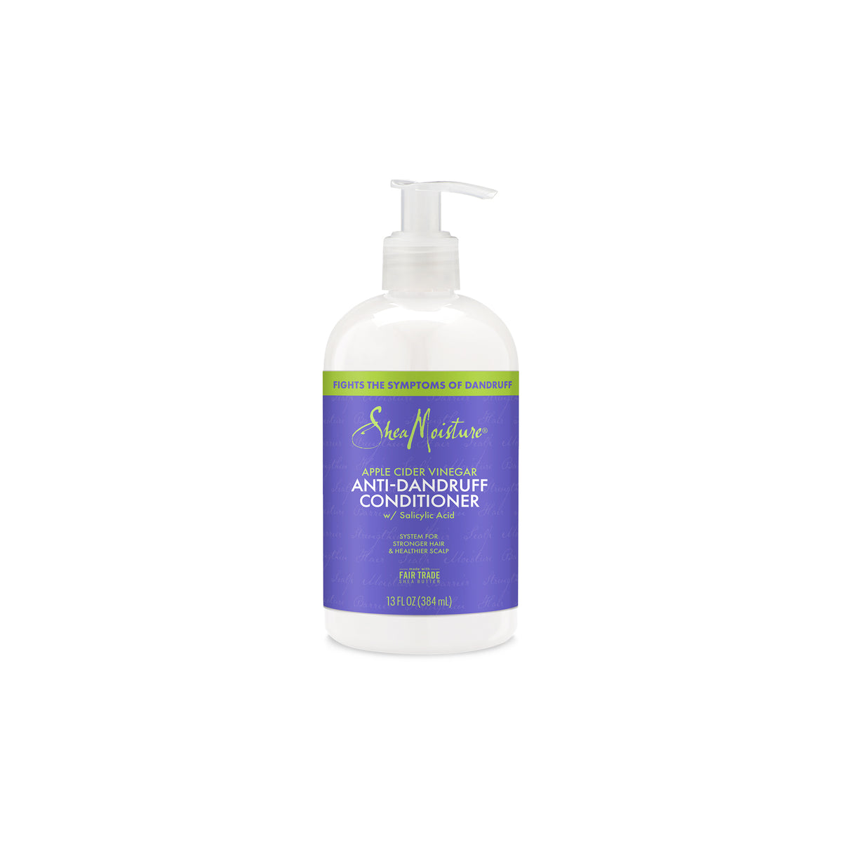 SheaMoisture Apple Cider Vinegar Anti-Dandruff Conditioner in clear pump bottle with purple and green label, 384 ml, with salicylic acid.
