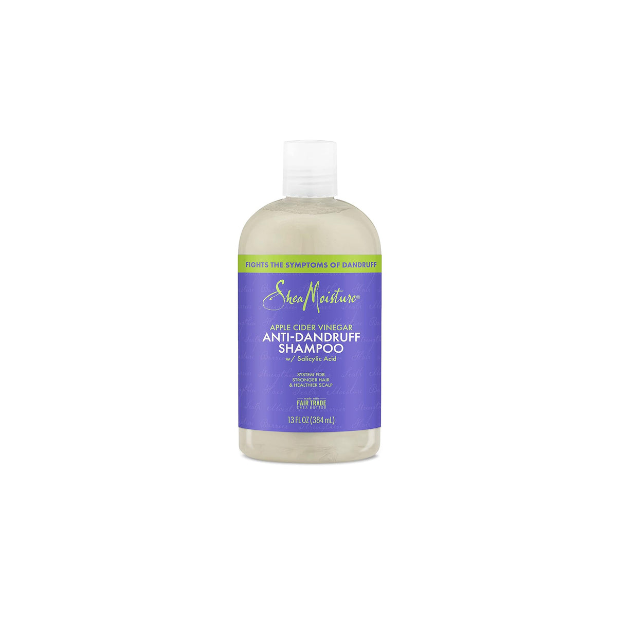 SheaMoisture Apple Cider Vinegar Anti-Dandruff Shampoo in clear bottle with purple and green label, 384 ml, anti-dandruff with salicylic acid.