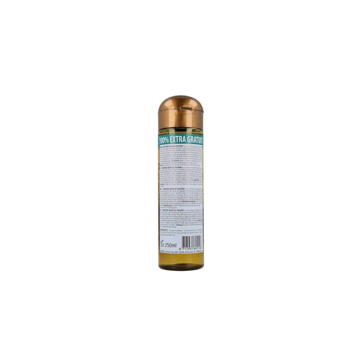 Showtime Argan Oil Hair Polisher 250ml (back). Display of product information and barcode on hair polishes with argan oil.