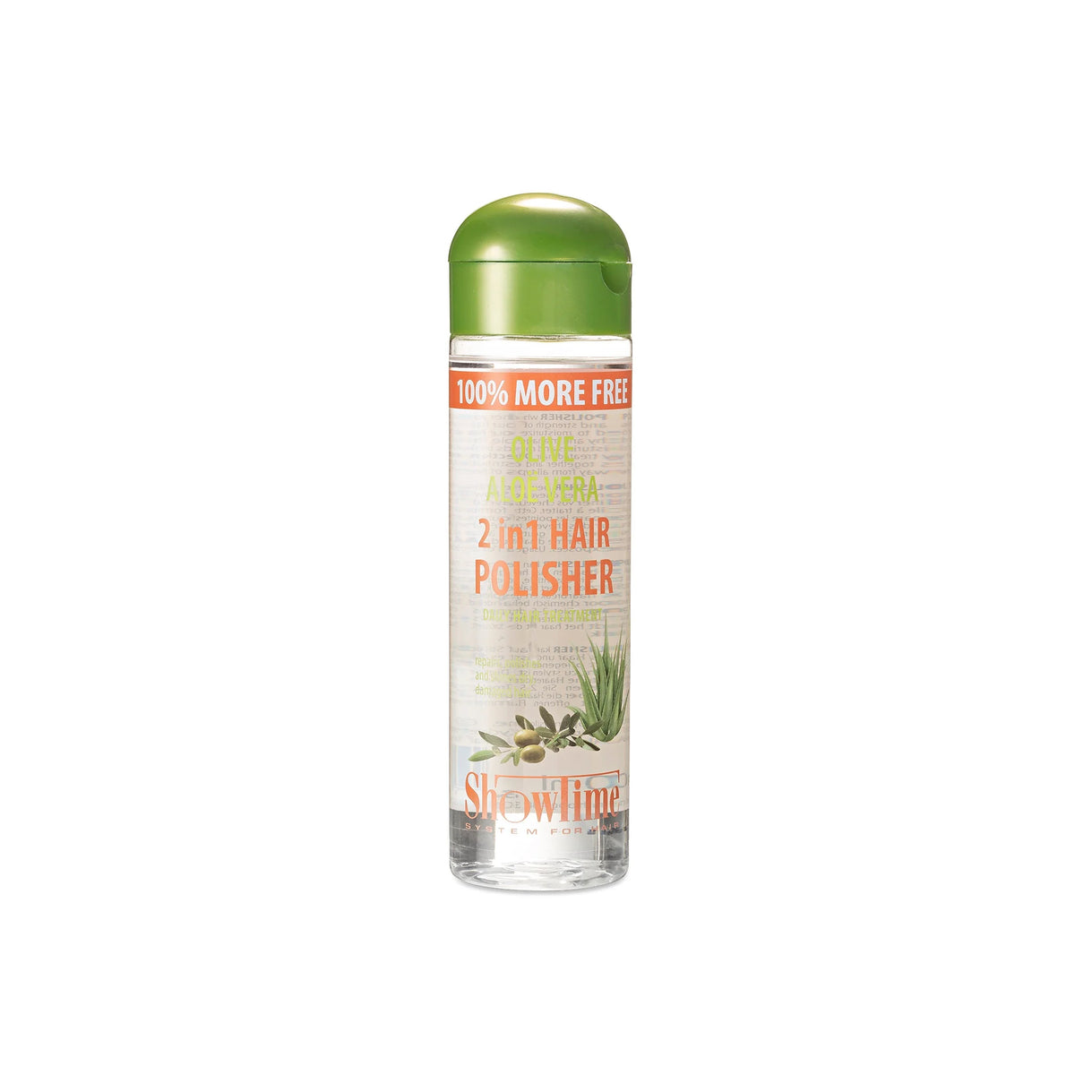 Showtime Olive Aloe Vera 2in1 Hair Polisher 250ml. Hair polishes with olive oil and aloe vera for extra shine.