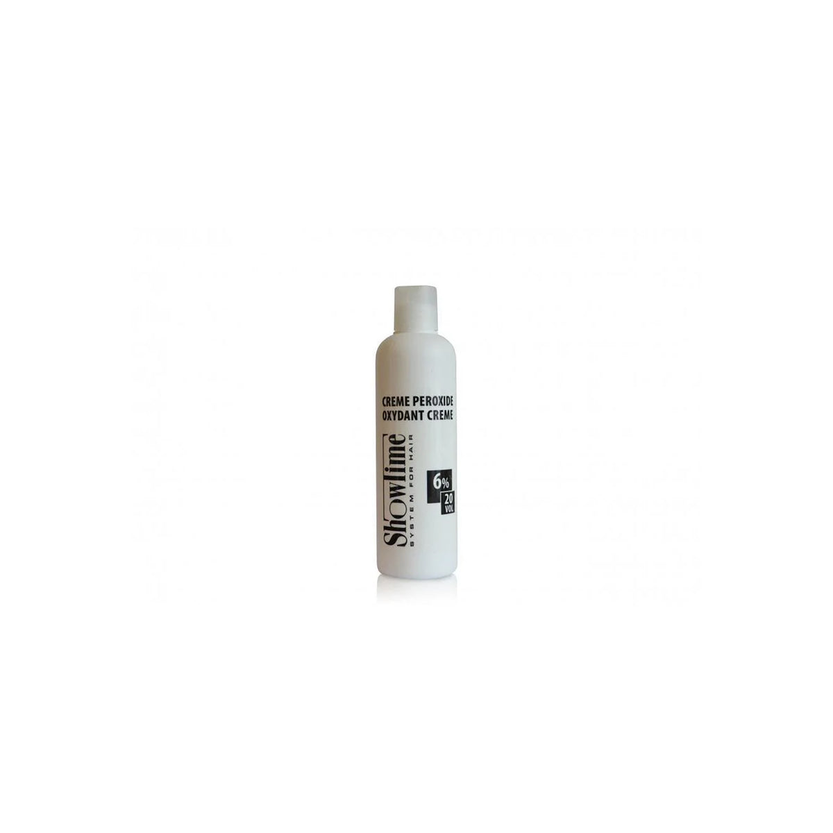 White bottle Showtime Crème Peroxide 6% 20vol 250ml with black writing, effective oxidation cream for hair coloring and lightening.