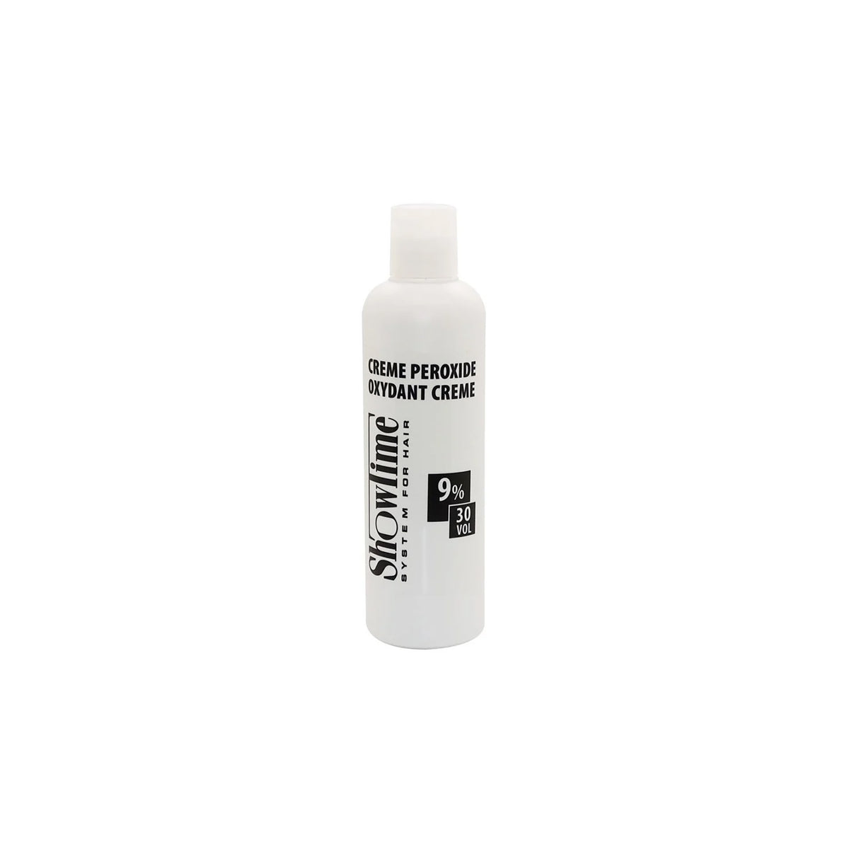 White bottle Showtime Crème Peroxide 9% 30vol 250ml with black text, professional oxidation cream for hair coloring and lightening.