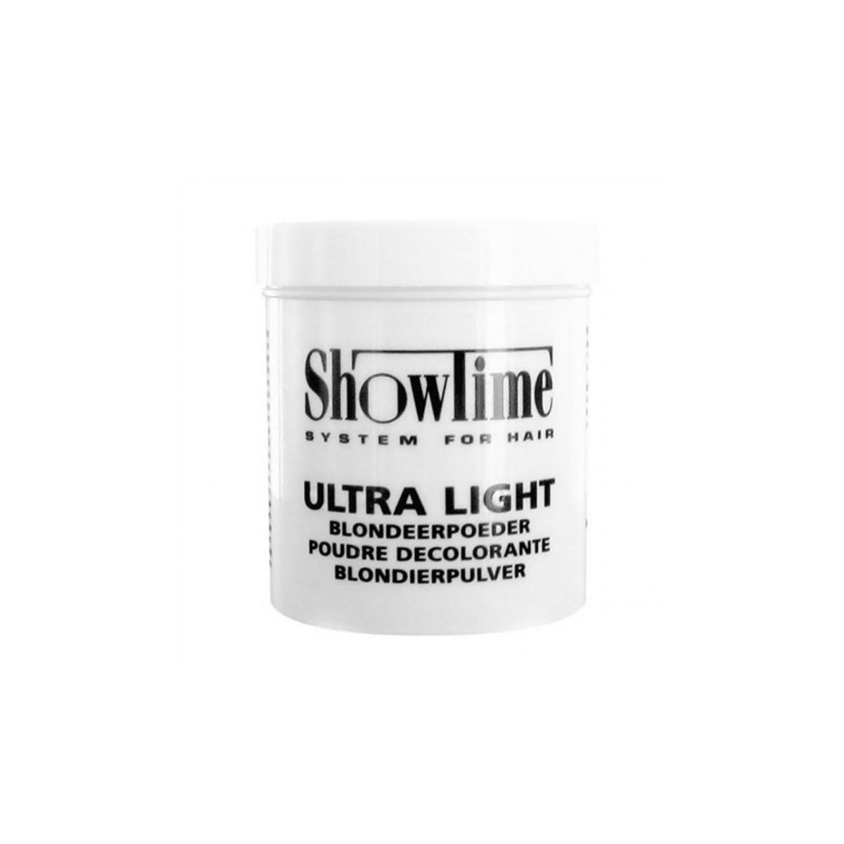 White bucket Showtime Ultra Light Bleaching Powder 100gr with black text, compact bleaching powder for professional and effective hair bleaching.