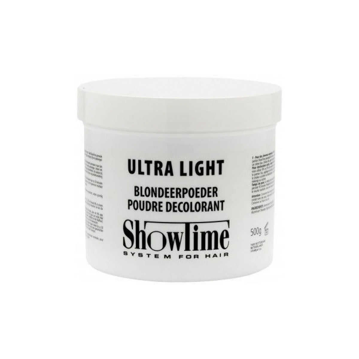 White bucket Showtime Ultra Light Bleaching Powder 500gr with black text, professional bleaching powder for effective hair bleaching.