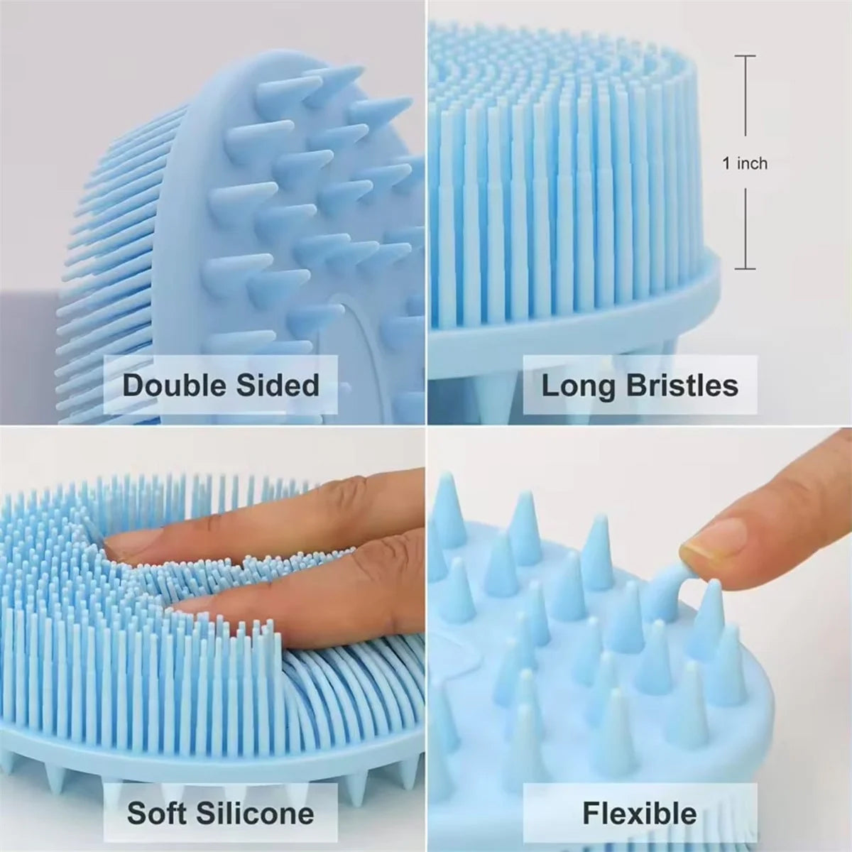 Blue Silicone Bath Brush with soft, flexible double-sided bristles and long silicone tips for gentle body care.