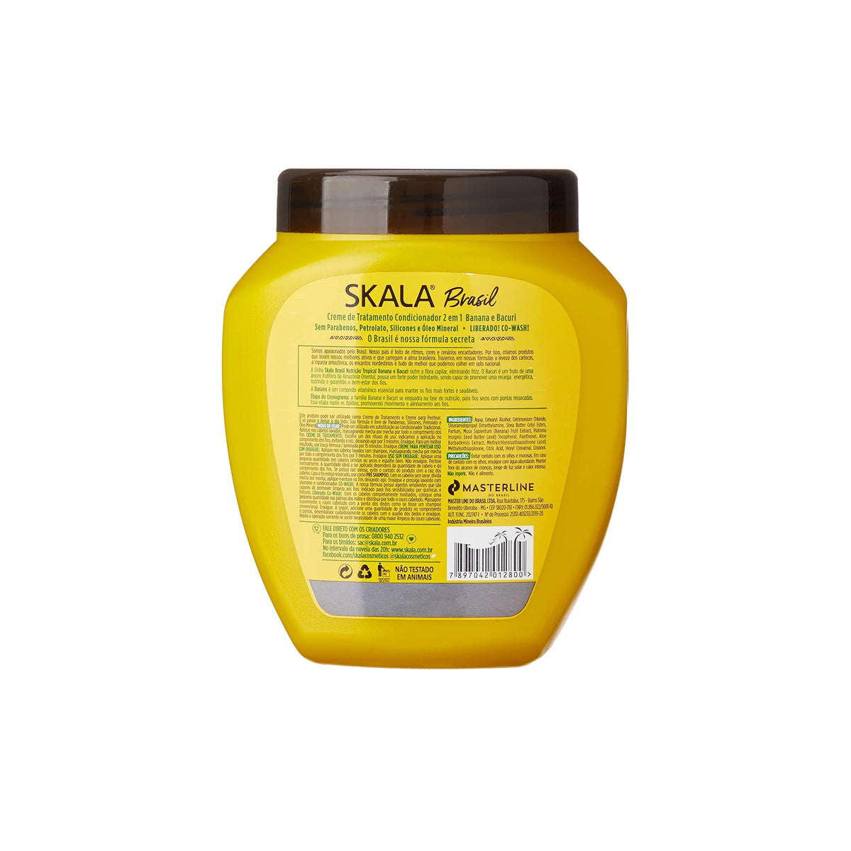 The back of a yellow container of Skala Brasil Maracuja Hair Treatment (1000 ml) showing ingredients, instructions for use and other product information.