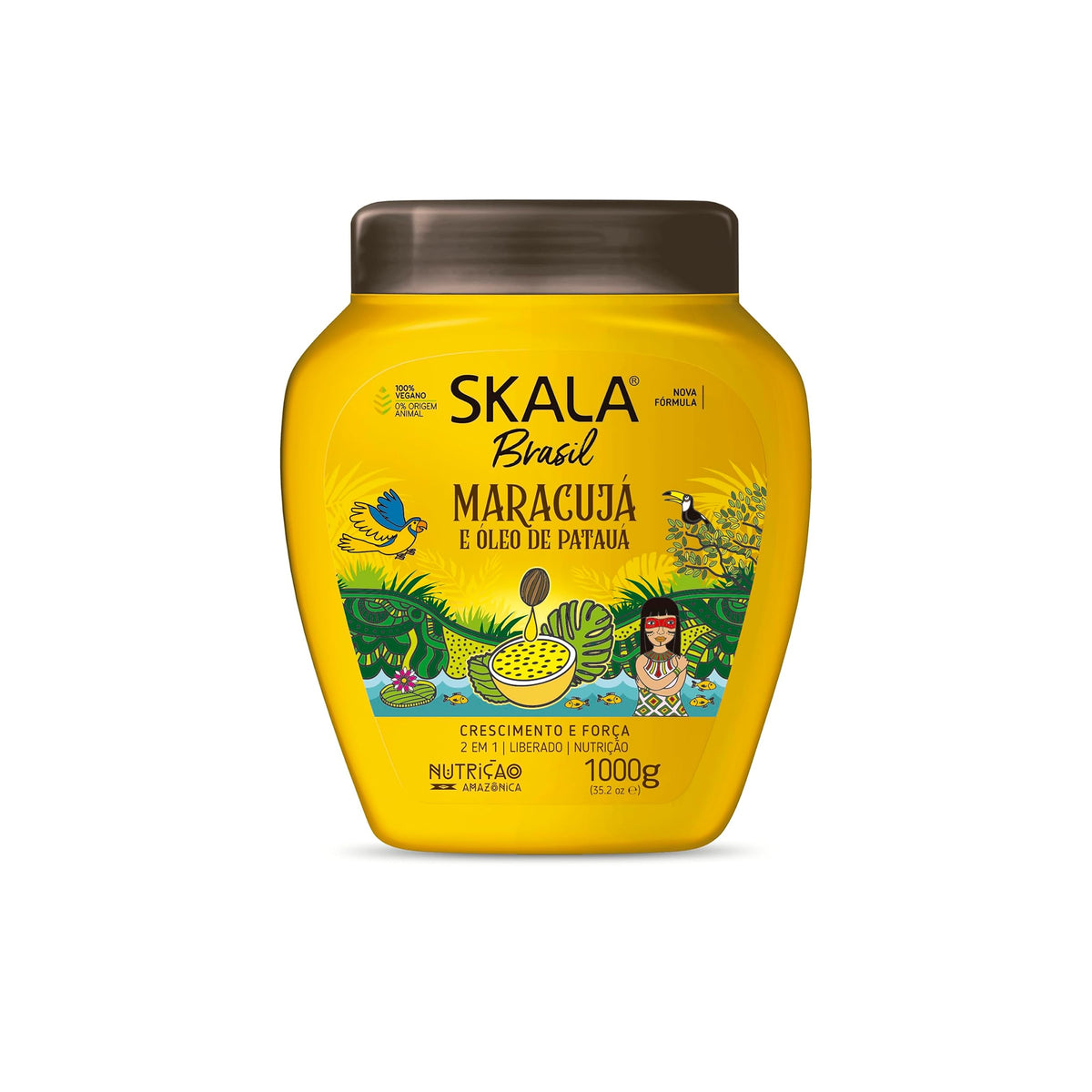 Skala Brasil Maracuja and Pataua Oil Hair Treatment (1000 ml). The picture shows a yellow container of Skala Brasil Maracuja and Pataua Oil Hair Treatment, which is intended to promote growth and strengthen hair.