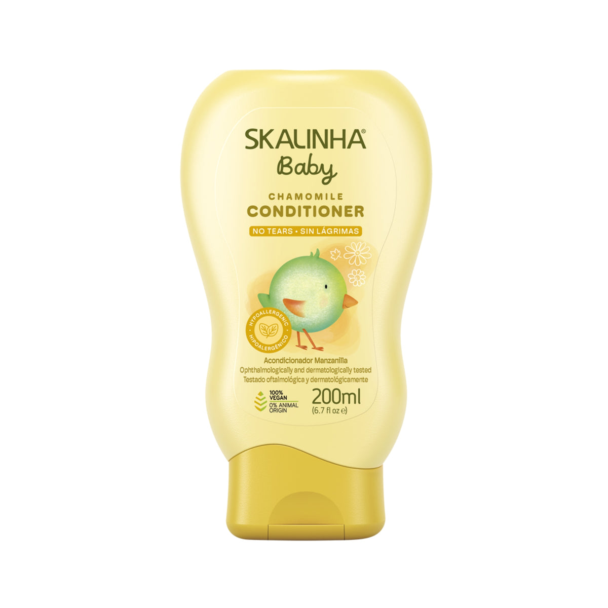 Skalinha Baby Chamomile Conditioner in yellow bottle with bird illustration, hypoallergenic and vegan, 200 ml.