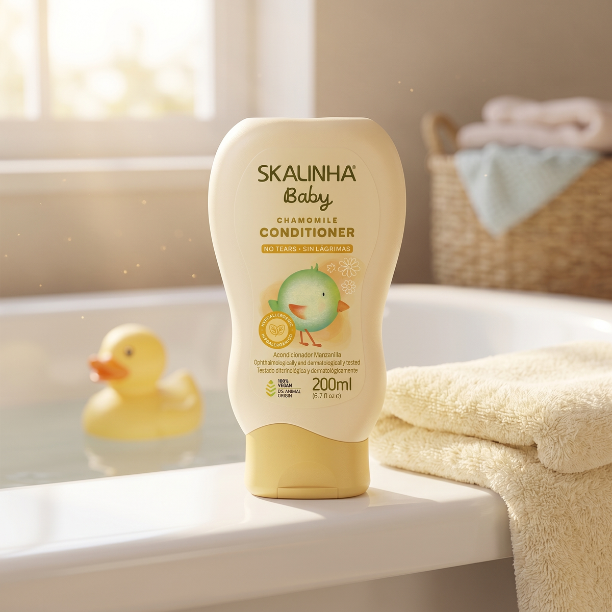 Skalinha Baby chamomile balm in 200 ml bottle on bathtub edge with yellow rubber duck and towel.