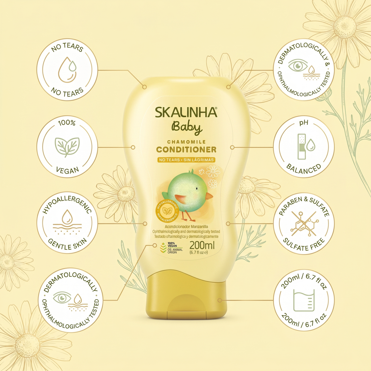 SKALINHA Baby Chamomile Conditioner 200 ml with icons for tear-free, vegan and hypoallergenic baby hair care.